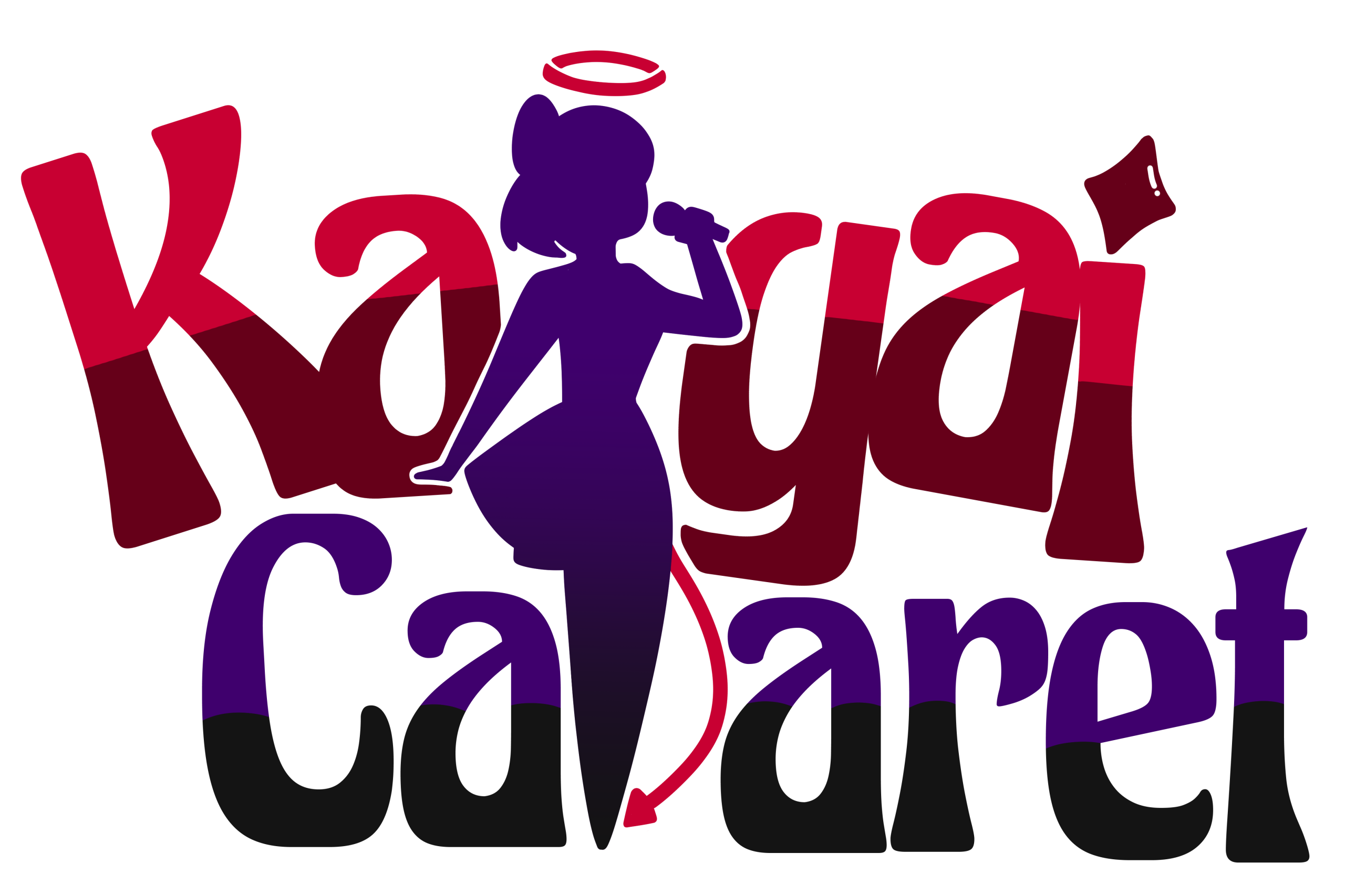 Girl with halo and devil tail singing into a microphone over the words Kaigai Cabaret.